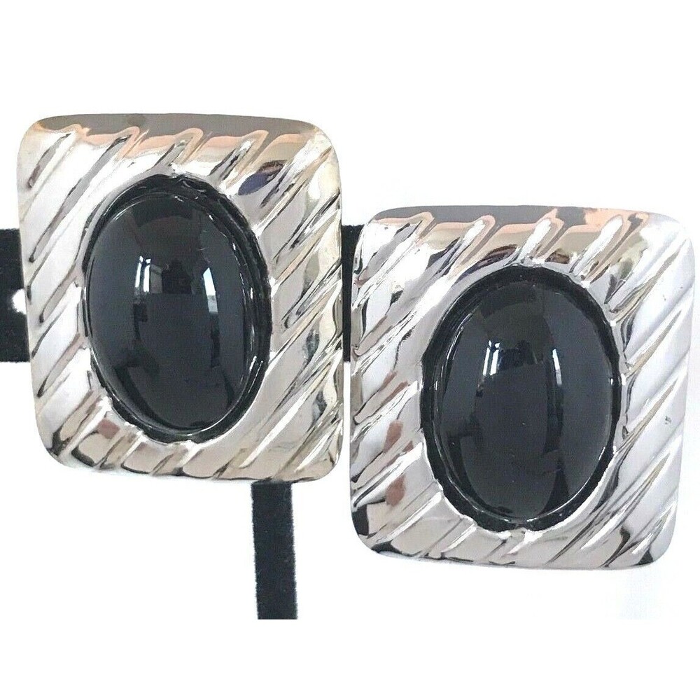 Vintage 1980s Black Cabochon Earrings Textured Silver Tone Pierced - 7Q